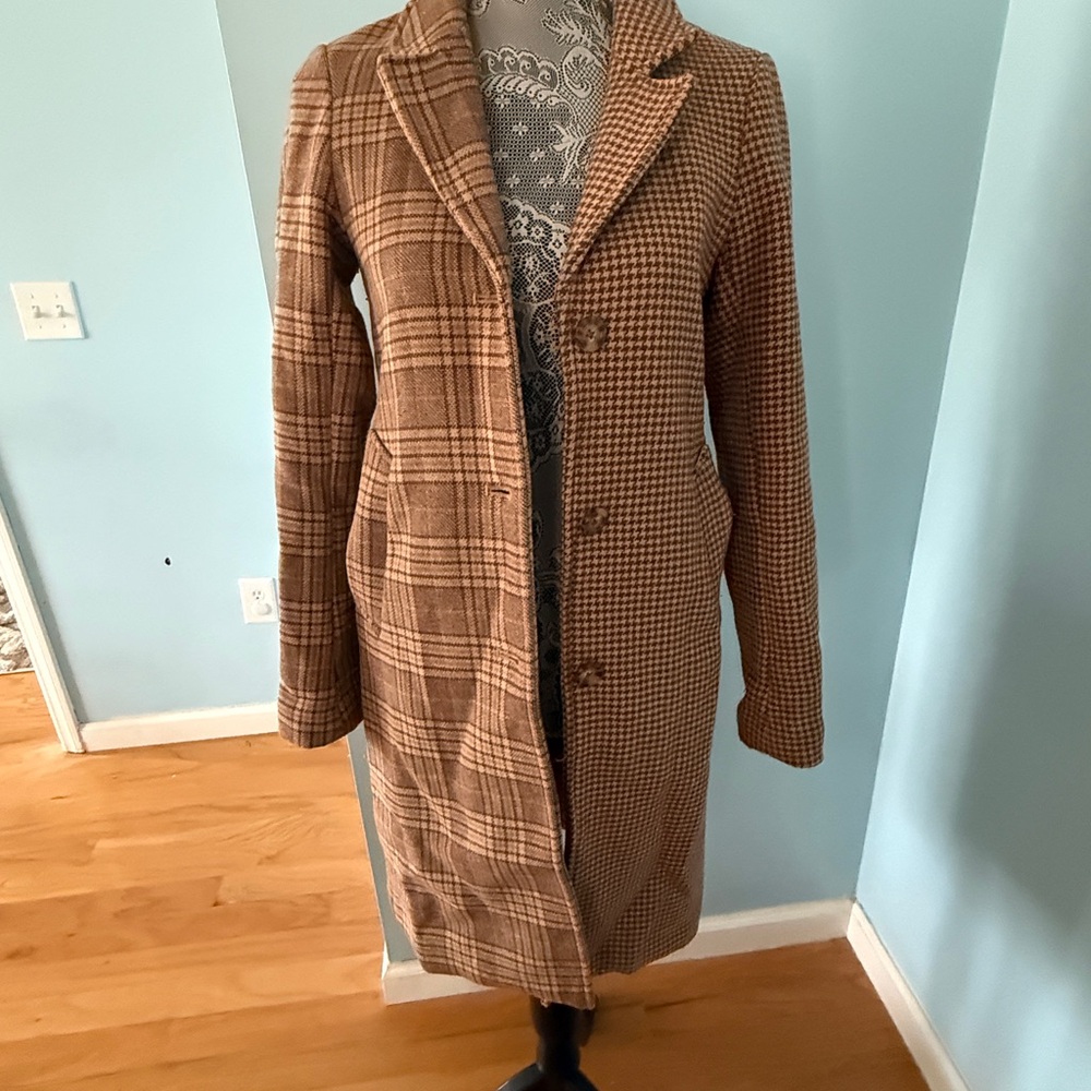 Abercrombie & Fitch Brown Plaid & Houndstooth Long Trench Coat